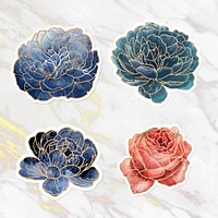 Golden cabbage rose and peony sticker set on a marble textured background vector 