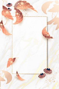 Rectangular gold frame with leaf motifs on a white marble background vector
