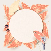 Round gold frame with parrot, macaw, and leaf motifs on an ivory background vector