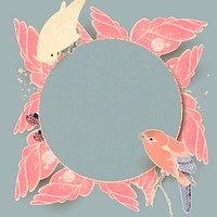 Round gold frame with parrot, macaw, and leaf motifs on a teal background vector