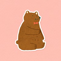 Hand drawn brown bear with a red bow tie sticker vector