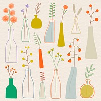 Colorful doodle flowers in vases on beige background vector