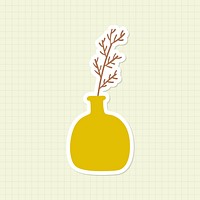 Brown doodle leaves in a yellow pot sticker on grid background vector