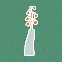Red doodle flowers in a vase sticker on green background vector