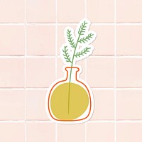 Green doodle leaves in a yellow pot sticker on tile background