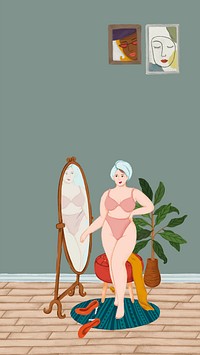 Girl in her underwear standing in front of a mirror sketch style mobile phone wallpaper vector