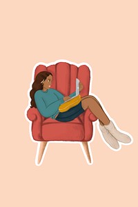 Black girl leaning on armchair using laptop sticker vector