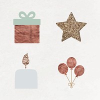 New Year gift box, star, pillar candle and balloons doodle on textured background vector