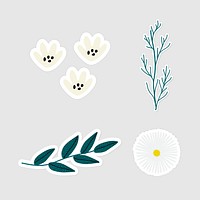 Set of flowers and leaves sticker doodle illustration