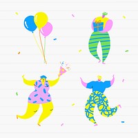 Happy people celebrating a birthday party doodles set illustration