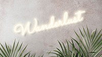Yellow wanderlust neon word on a concrete wall