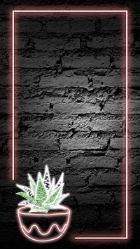 Neon rectangle cactus frame on a black brick wall phone background vector