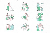 Cute COVID-19 social distancing psd green doodle character collection