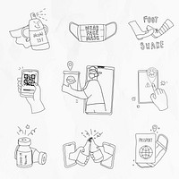 COVID-19 new normal lifestyle vector cute black doodle character collection