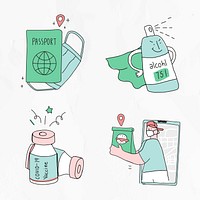 Cute COVID-19 social distancing psd green doodle character set