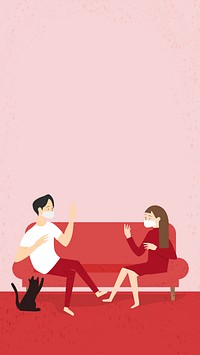 Couple wearing masks and keeping a physical distance in their own home background vector