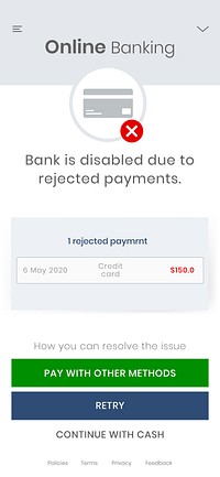 Online banking disabled due to rejected payments during the coronavirus pandemic vector 