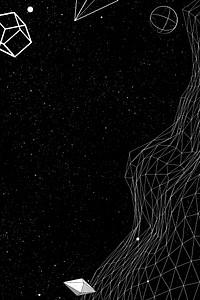 Gray wireframe wave with geometric shapes on a black background