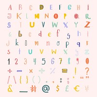 Alphabet numbers punctuations psd doodle font pastel set