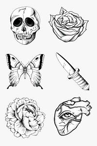 Vintage outline black and white old school flash tattoo psd icon set