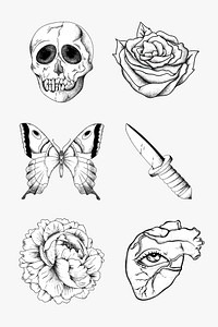 Outline black and white old school flash tattoo design vector set