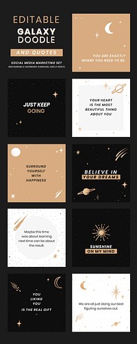 Vector editable positive quotes galaxy doodle template set