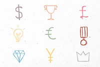Colorful vector currency symbols icons doodle set