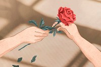 Valentine&rsquo;s couple exchanging rose vector hand drawn illustration