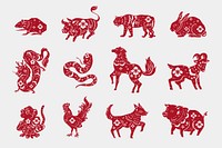 Chinese horoscope animals vector red new year stickers set