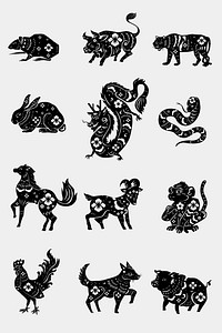 Chinese animal zodiac vector black new year stickers collection