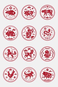 Chinese animal zodiac badges psd red new year design elements set