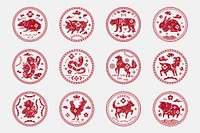 Chinese horoscope animals badges vector red new year design elements set