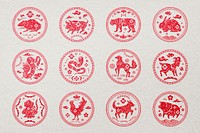 Chinese animal zodiac badges psd red new year stickers collection