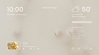 Earth-tone desktop screensaver background with time, weather forecast and schedule