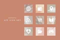 Aesthetic app icons vector earth tone theme for mobile phone set