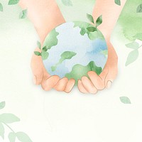 Watercolor background with hands protecting the world illustration 
