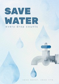 Faucet with save water text watercolor illustration 