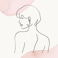 Woman&rsquo;s upper body line art illustration on pink pastel watercolor background