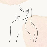 Woman&rsquo;s upper body line art illustration on beige pastel watercolor background