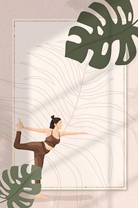 Floral yoga pose frame vector with woman practicing lord of the dance pose