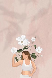 Flexing muscles border background with floral yoga woman illustration