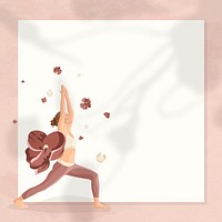 Floral yoga pose frame psd with woman practicing warrior 1 pose