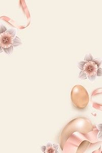 Floral Easter eggs border vector in 3D rose gold and ribbons on beige background for greeting card