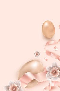 Floral Easter eggs border in 3D rose gold and ribbons on pink background for greeting card