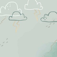 Thunder clouds background vector in green with glittery cute doodle illustration for kids