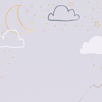 Night sky background in purple with moon stars and clouds doodle illustration