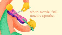 Musical beige blog banner flat design with inspirational quote when words fail music speaks