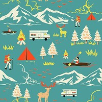 Green camping trip pattern with tourist cartoon illustration