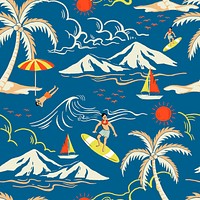 Blue tropical island pattern with tourist cartoon illustration