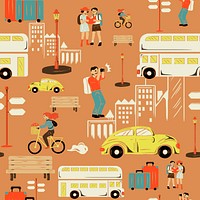 Orange city tour pattern with tourist cartoon illustration